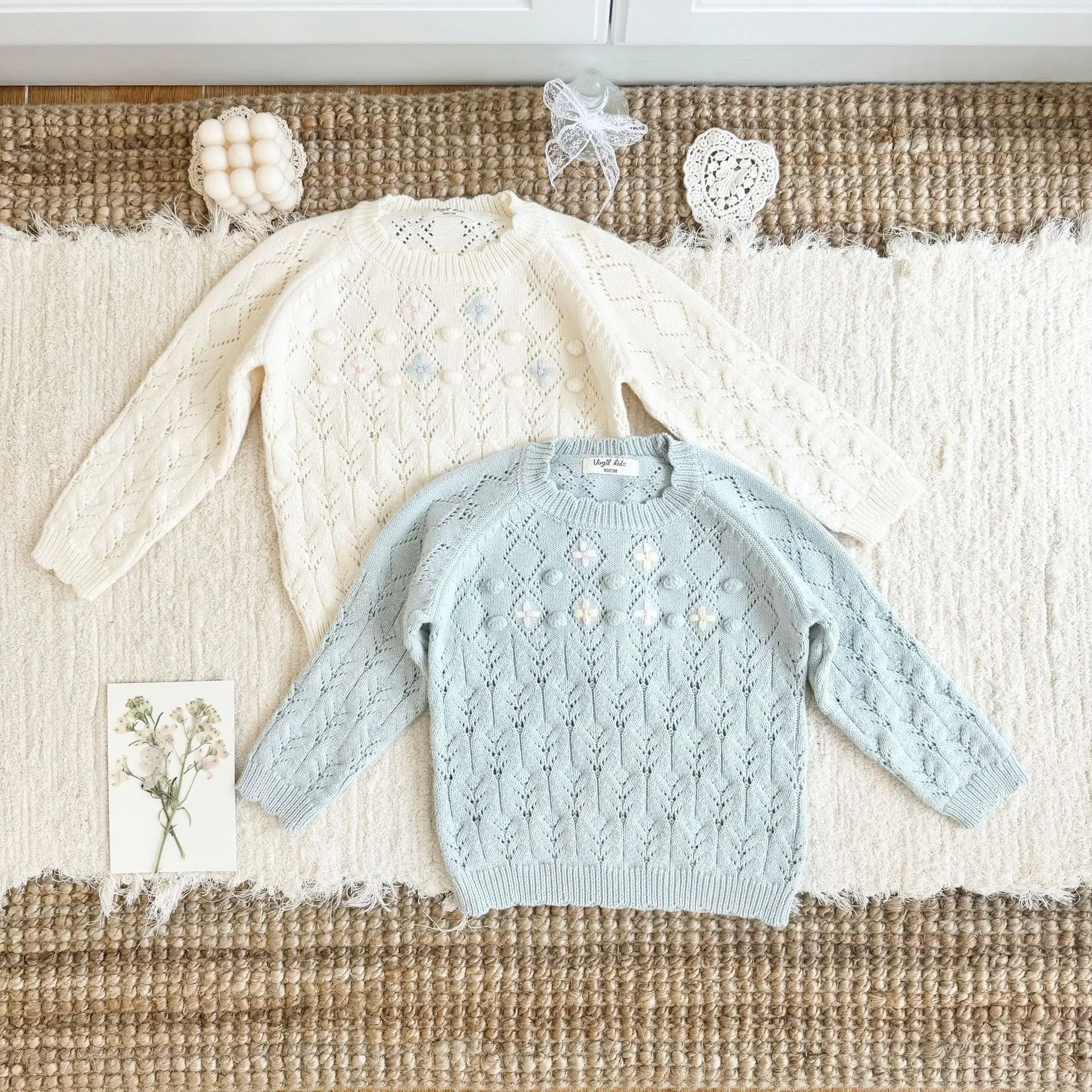 2026 Flower Decor Fall Winter 2026 New Korean Girls Hollow Sweater Nordic Girls Hand Embroidered Cotton Sweater
