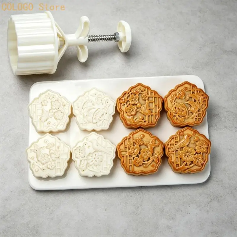 Hand Operated Mooncakes Former Plastic Baking Press with 4 Relief Plates, Kitchen Shaping Tool for Decorative Family Treats and