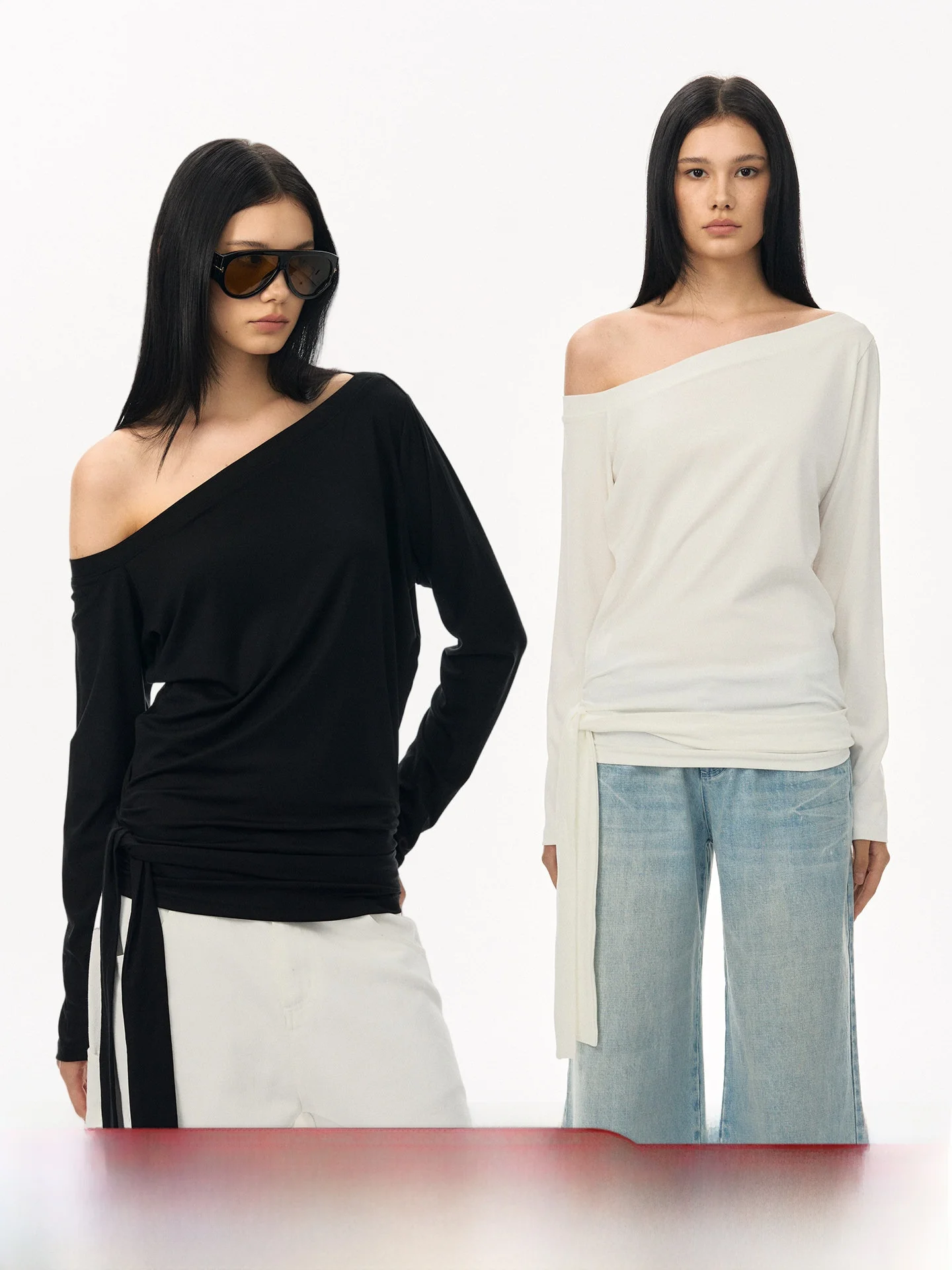 

Ele Asymmetrical oulder Long Sve T-irt Women's Original Design Double Color Casual Faion with Sa Pleated Detail