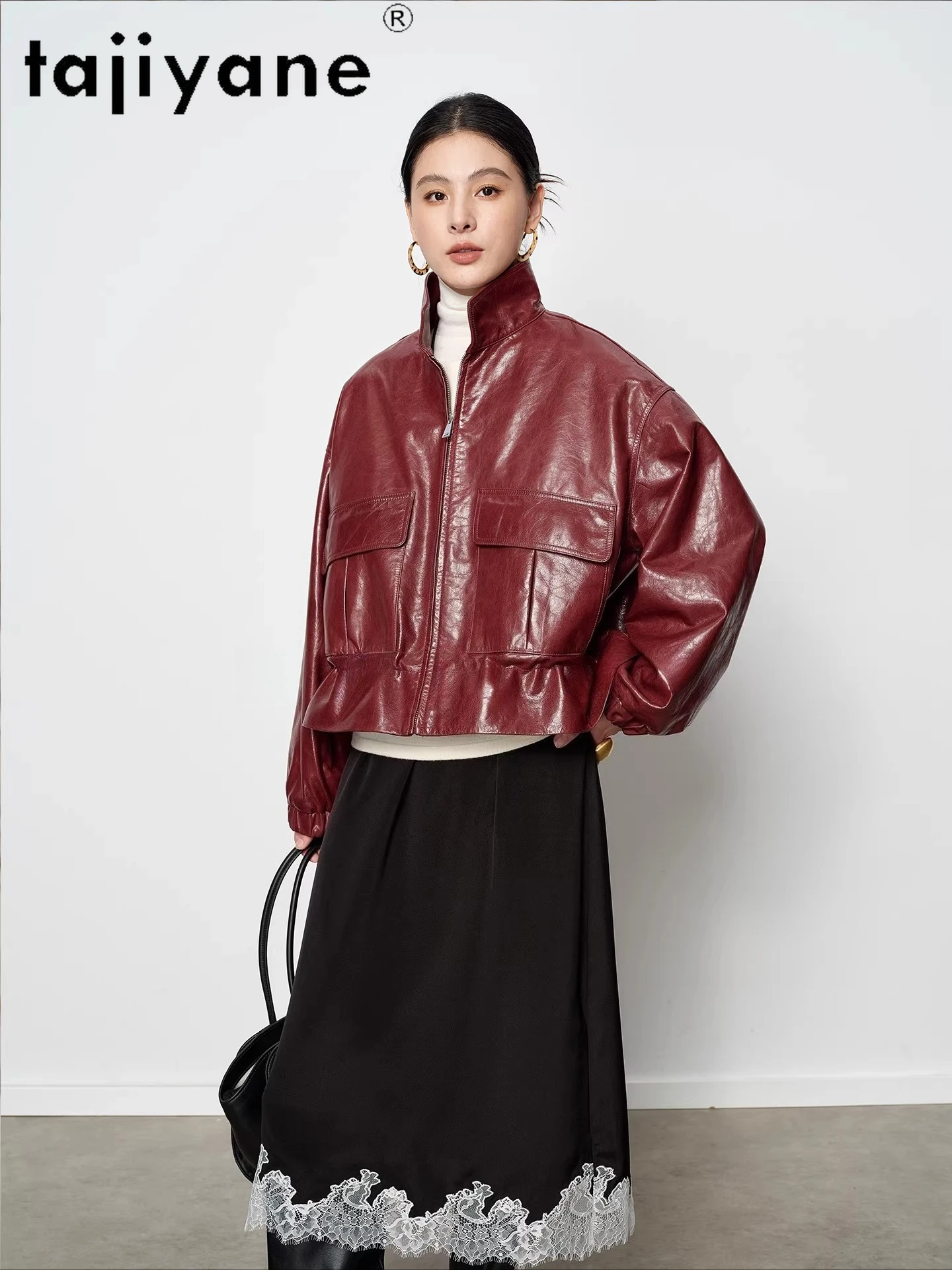 سترة من جلد الماعز الحقيقي من TAJIYANE معطف نسائي قصير أنيق عالي الجودة سترات من الجلد الطبيعي ملابس حريمي خريف 2025 schuba