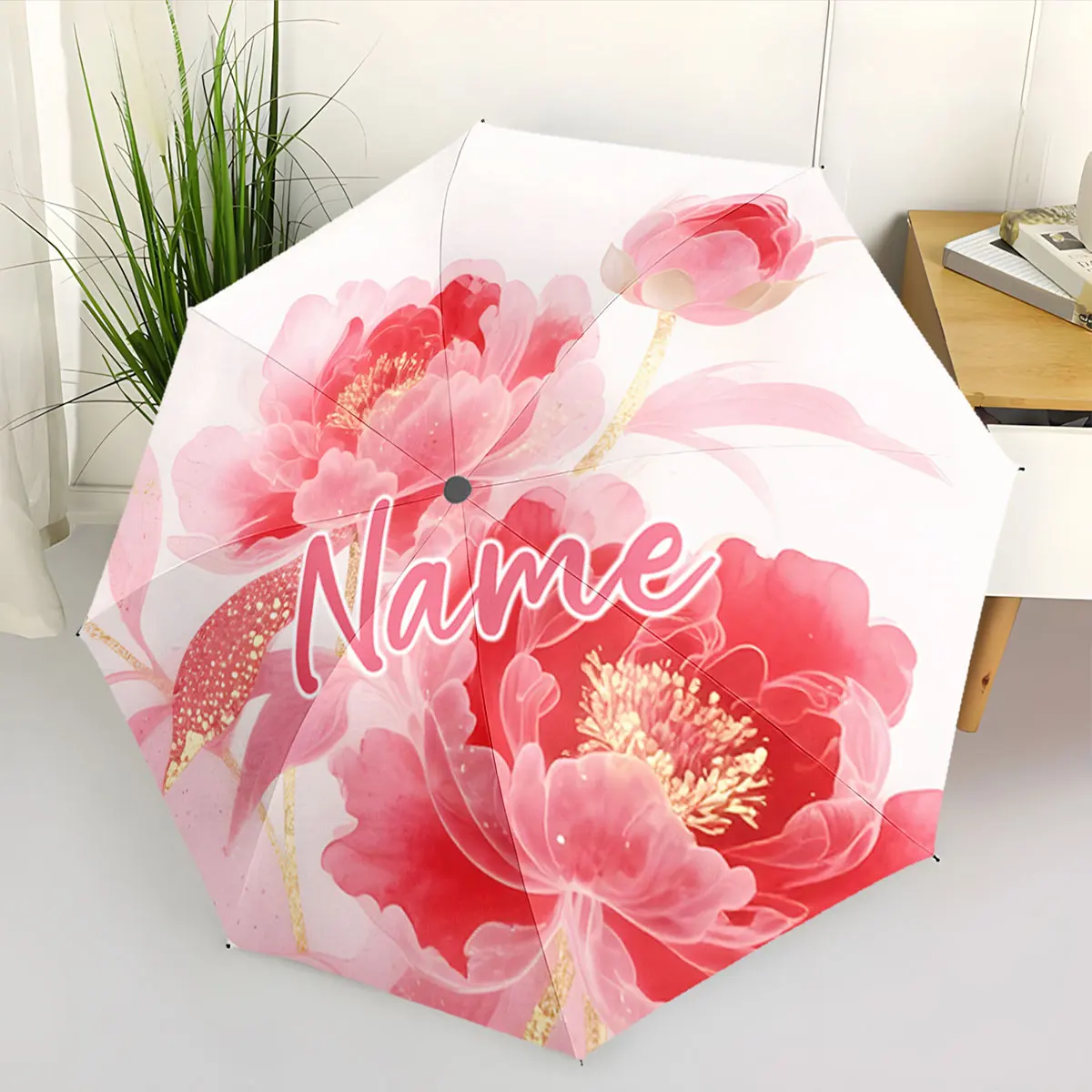 Custom Name Umbrella Design with Bold Red Peony Blooms Print 8 Iron Ribs Folding Umbrella, Auto-Open Fashion Sunshade