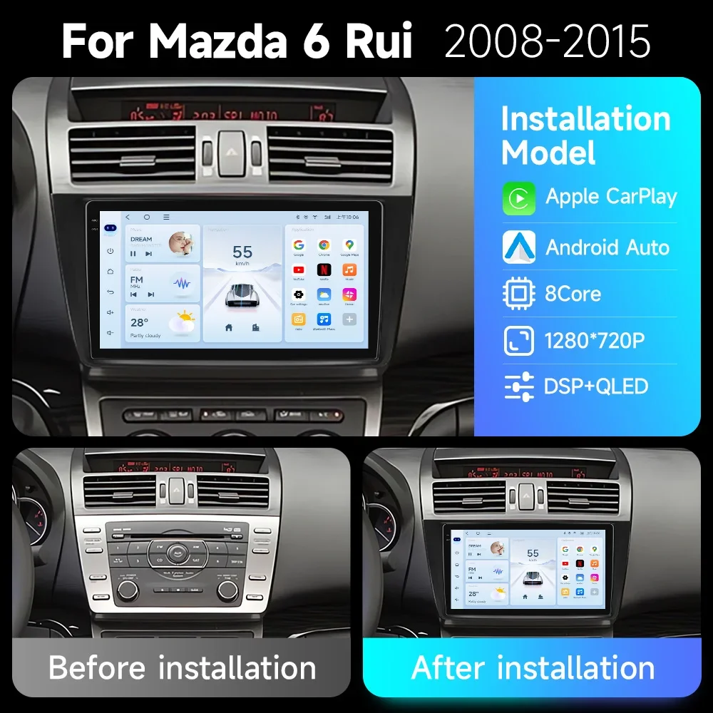 JIUYIN Car Radio Multimedia Player For Mazda 6 6(GH) RUI 2008 2010 2012 2013 2015 Android 14 Navigation CarPlay GPS Auto 4G