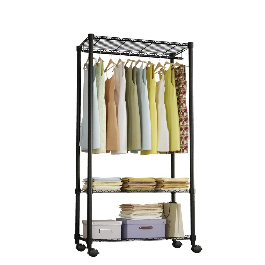 

Heavy Duty Rolling Garment Rack 3 Tiers Adjustable Wire Shelving Clothes Rack Freestanding for Hanging Wardrobe Storage Rack Met