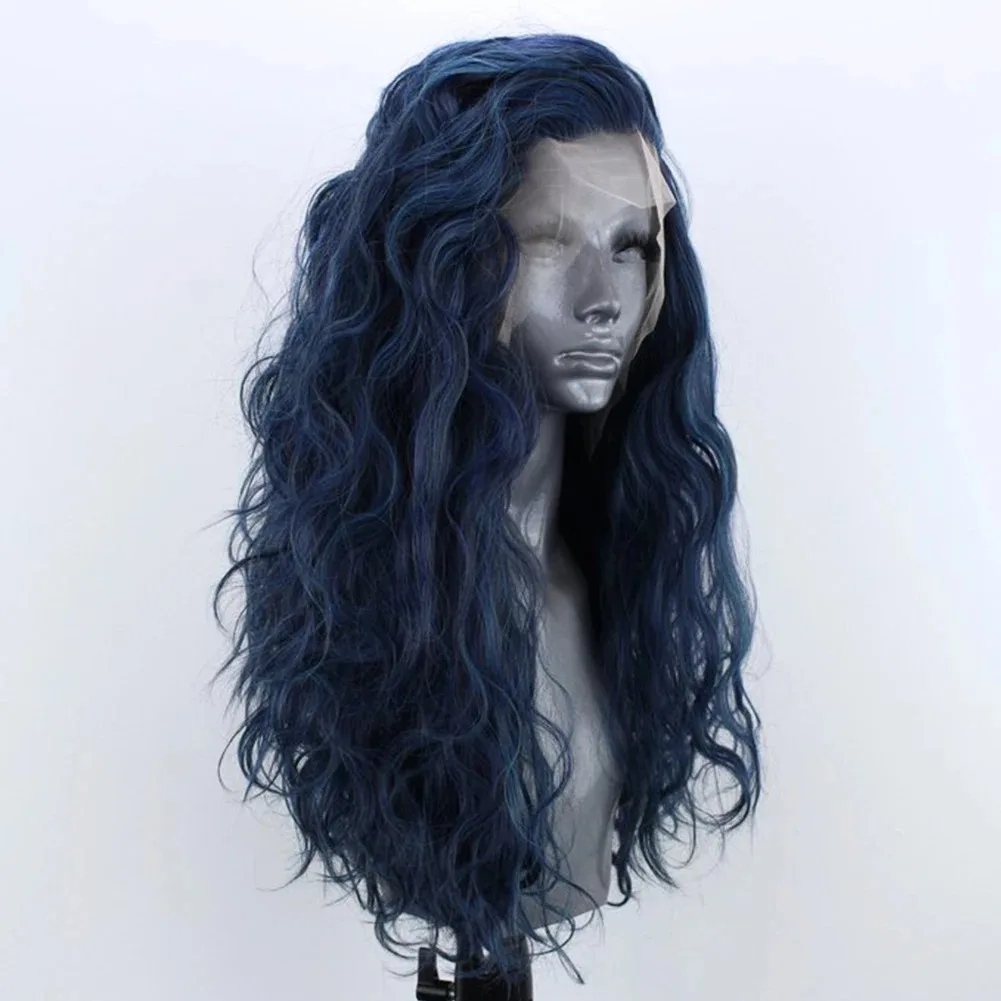 Blue Wig Loose Curly Lace Wigs 13x4 Synthetic Lace Front Wig Body Wave Glueless Ready To Wear Daily Wear Cosplay Black/613