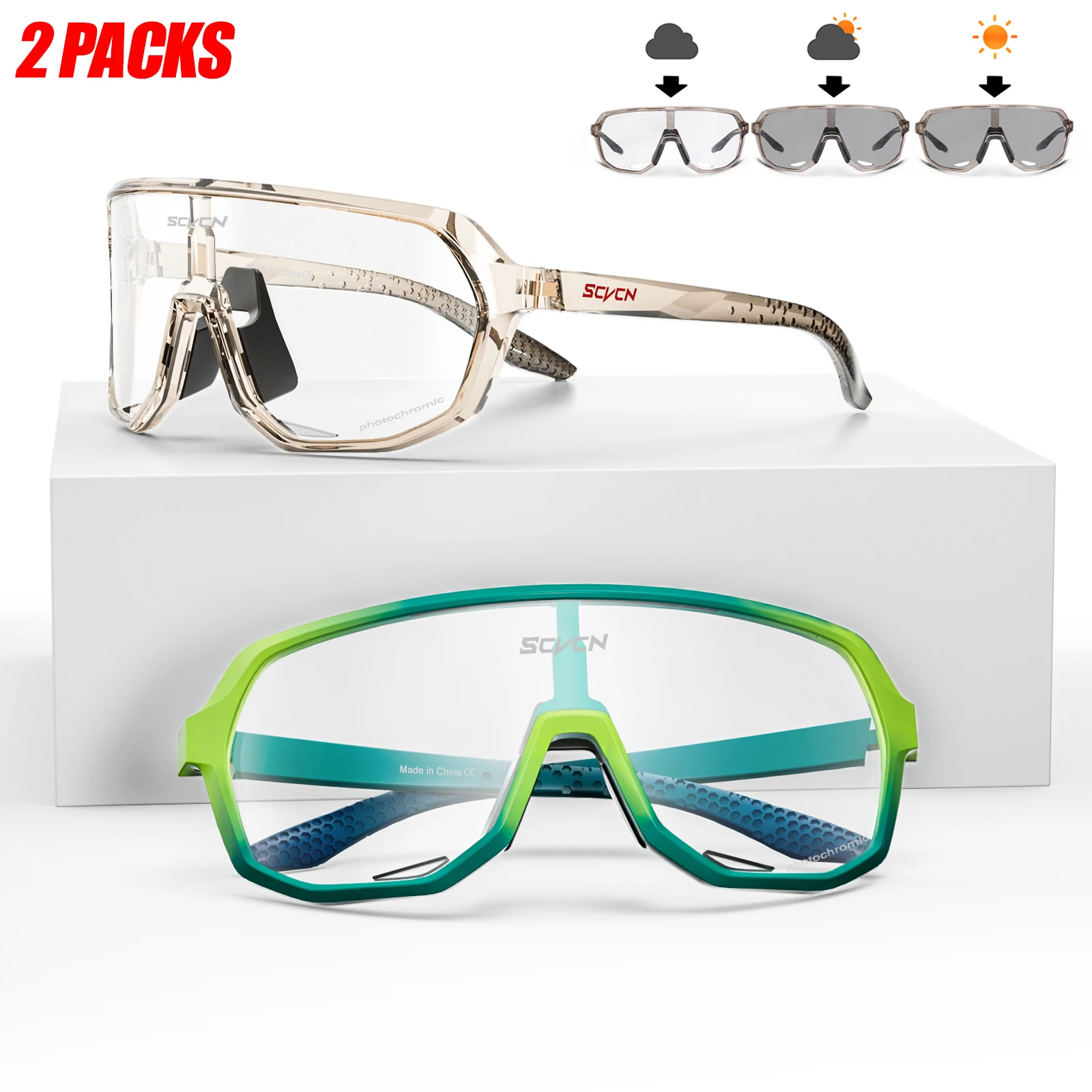 SCVCN mężczyźni kobiety sportowe okulary rowerowe zewnętrzne fotochromowe okulary przeciwsłoneczne okulary na rower szosowy Mtb jazda na rowerze gogle UV400 2 paczki