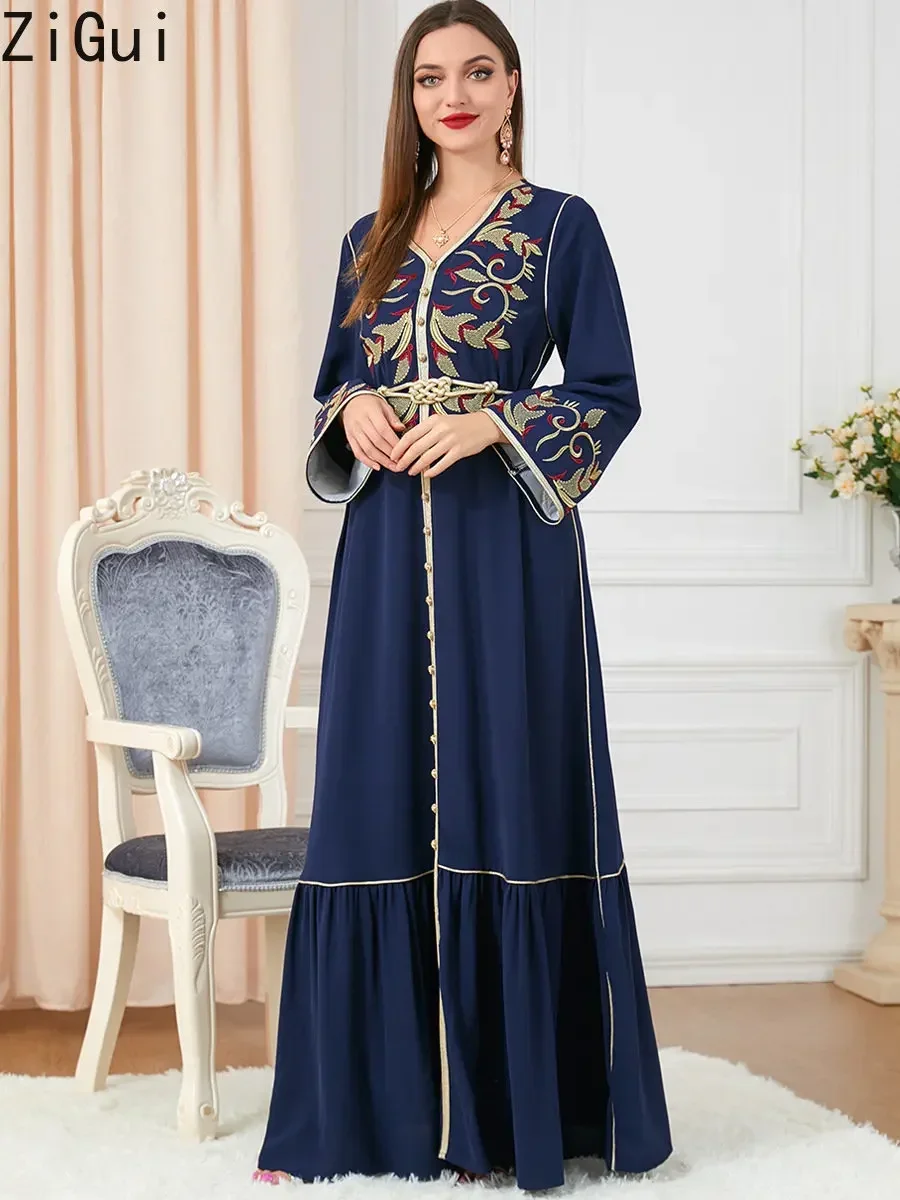 Zigui Dubai Dresses Luxury Arabic Royal Blue Long Sleeve Gold Embroidery V Neck Belted New In Dresses Maroccan Kaftan Abaya