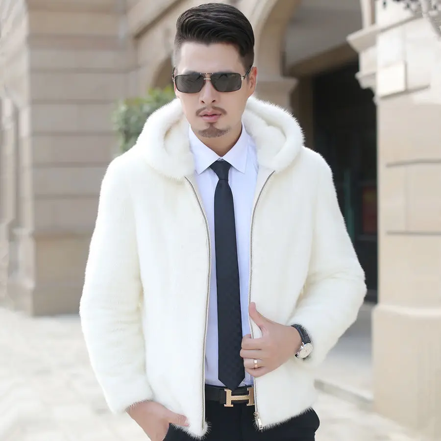 2024 Men Autumn And Winter Mink Coat Men's White Solid   Hooded  Zipper Imitation Fur Golden   A207