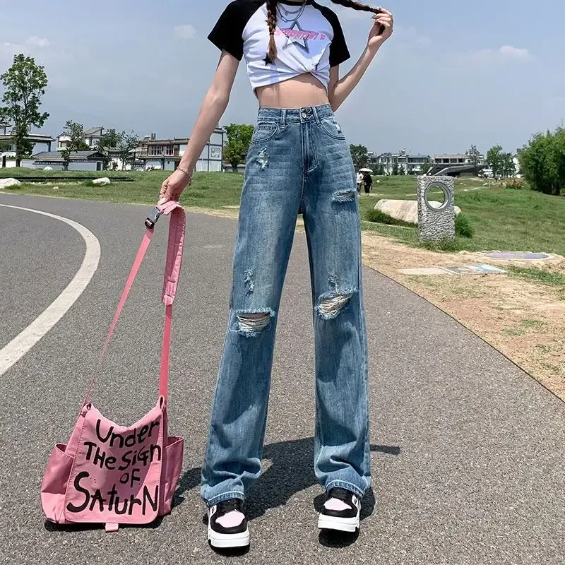 

Women's Jeans with Holes Wide Leg Female Cowboy Pants Teenagers 2025 Fashion Harajuku Grunge Y2k Unique Cheap Korean Trousers