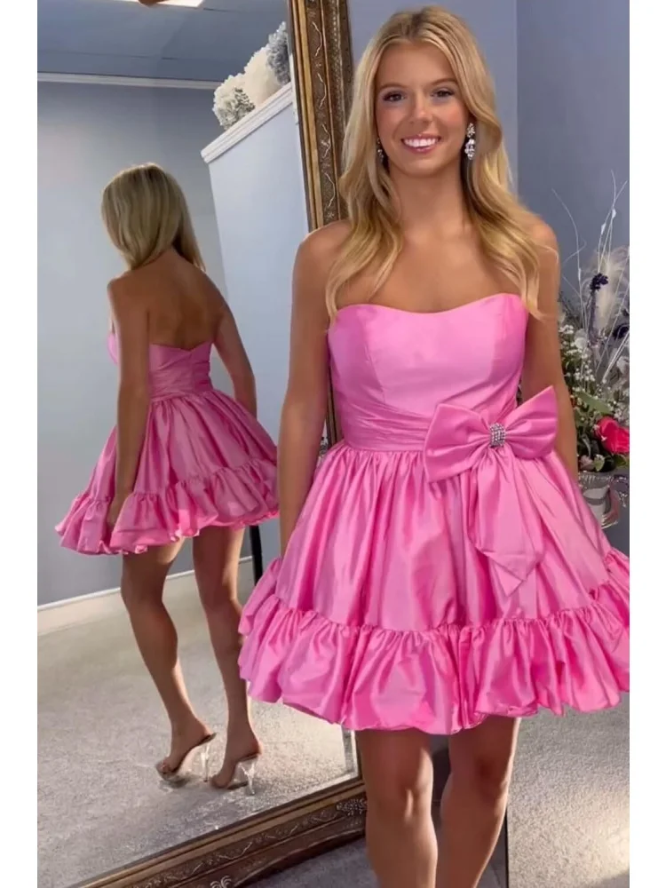 

Strapless Satin Ruffle Homecoming Dresses with Bow A Line Sleeveless Princess Short Prom Dress for Teens