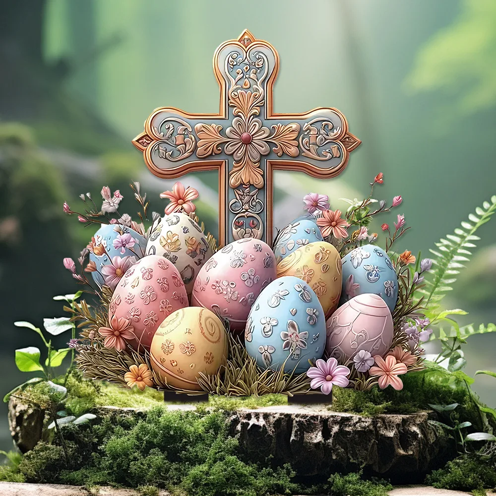 Double Sided Printing Acrylic Easter Cross Ground Plug Easter Egg Ground Stake for Easter Party Outdoor Garden Lawn Patio Decor