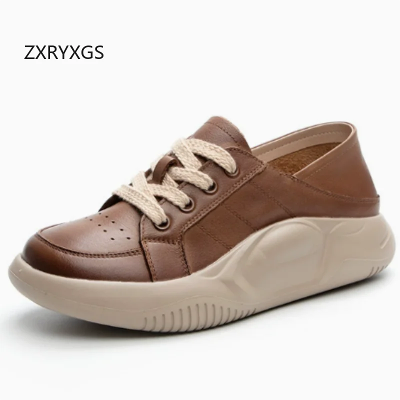 ZXRYXGS Top Layer Cowhide Thick Sole Heighten Sneakers Casual Shoes Breathable Hollow Summer Sneakers Sandals Women Trendy Shoes