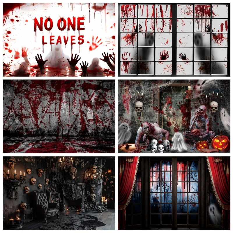 

Halloween Bloody Backdrop Horror Bloody Zombie No One Leaves Banner Scary Night Vampire Bloody Halloween Party Decor Background