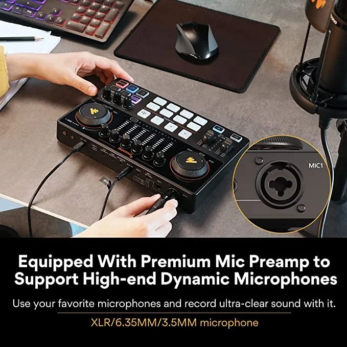 All in One Podcast soundcard with XLR Condenser Microphone for Record Studio Recording  Youtuber Streaming 48V Sound Cards