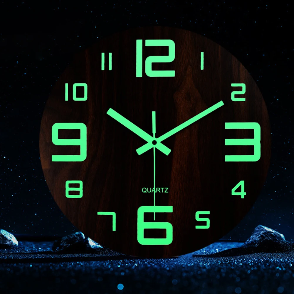 Wooden Wall Clock Battery Operated Silent with Glow in the Dark Feature Non Ticking Design Suitable for Bedroom and Kitchen