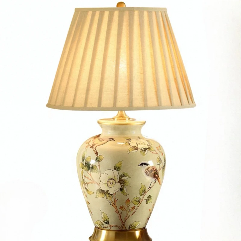European Retro Ceramics LED Floor Lamps Fabric Lampshade Desk Lamp Living Room Study Homestay Hotel