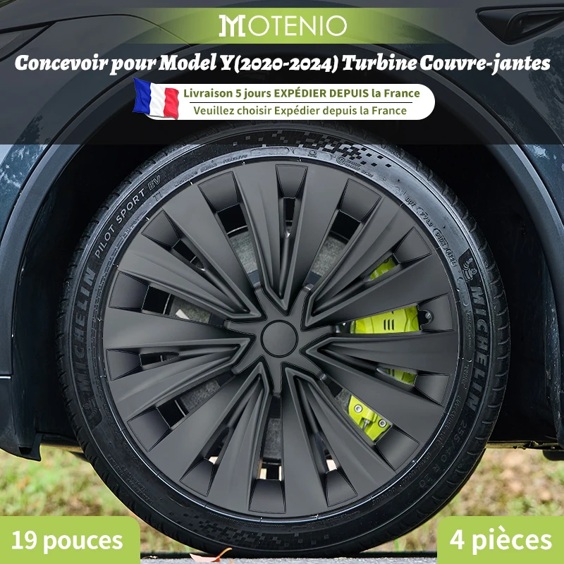 Lot de 4 enjoliveurs style turbine argent et noir 19 pouces pour Tesla Model Y (2020–2024), cache-jantes de remplacement.