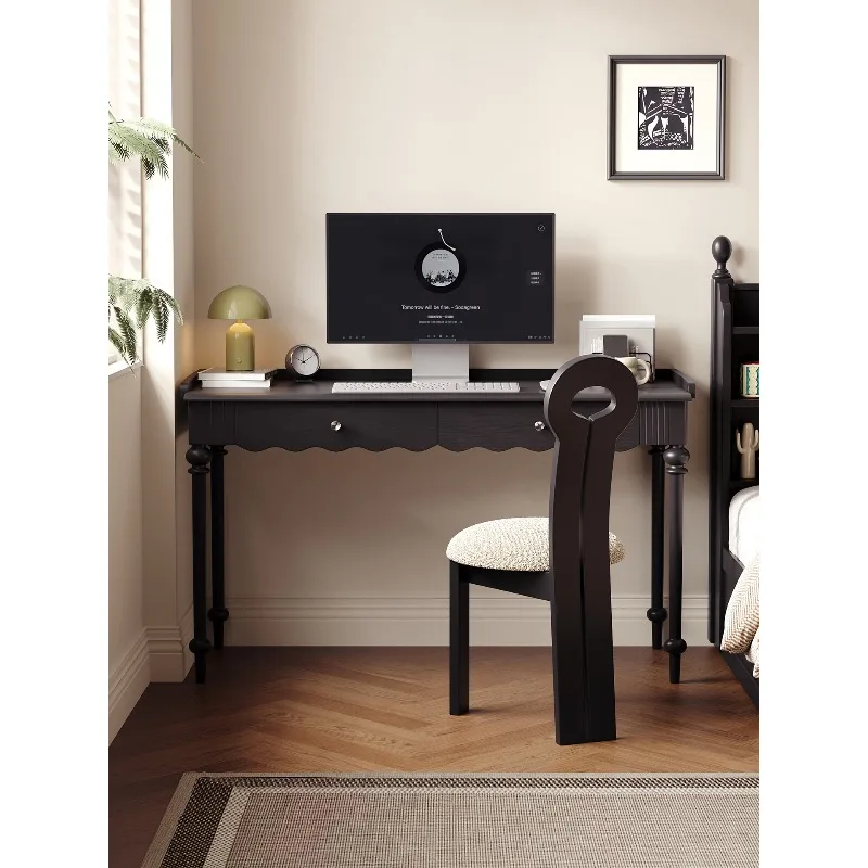 French vintage black solid wood rectangular desk and chair combination, small studio study home, boxwood office desk