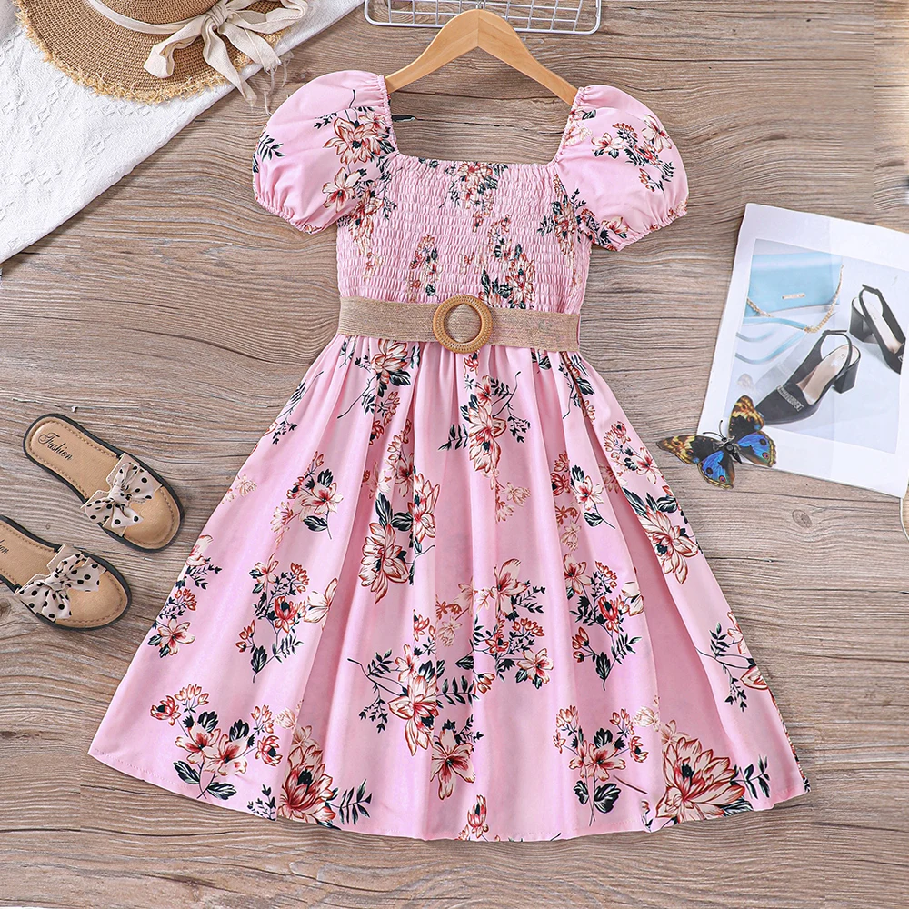 Girls' summer romantic countryside vacation bubble sleeve dress
