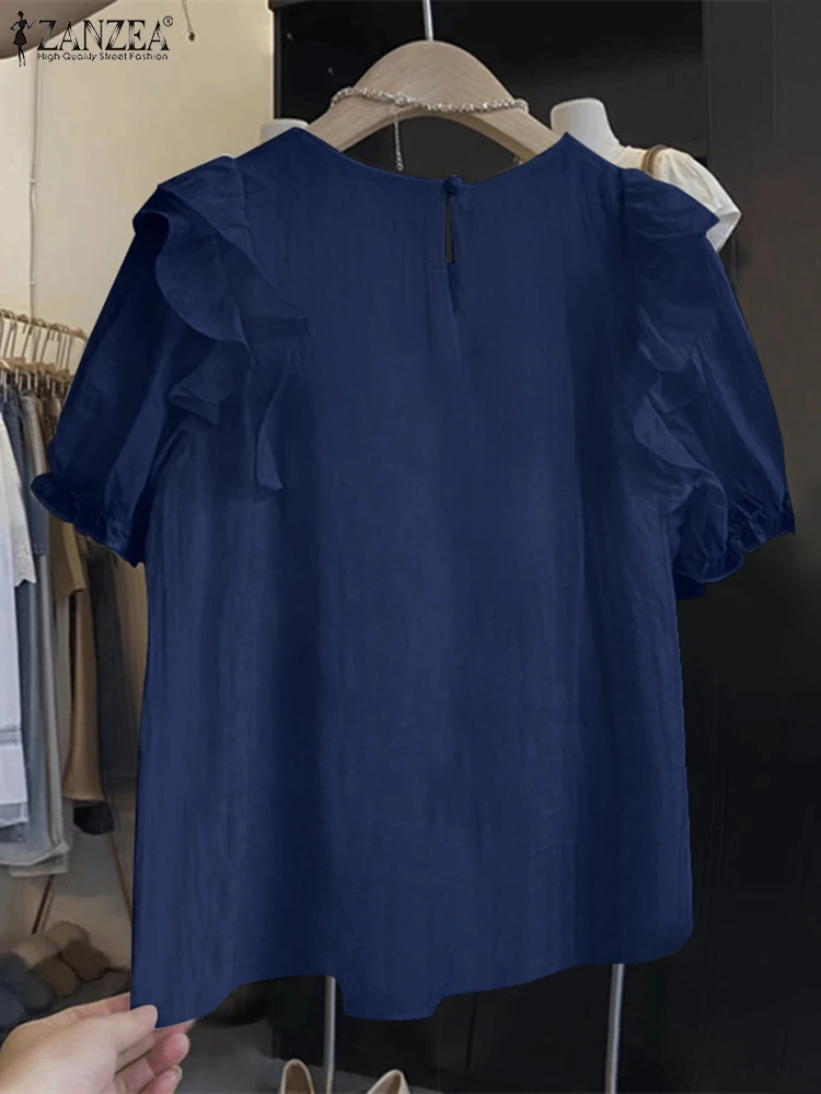 بلوزة زينزيا مرقعة مكشكشة للنساء ، أكمام قصيرة منفوخة ، قمم أنيقة ، سترة للعطلات ، أزرار ذات ثنيات ، موضة كورية ، عطلة