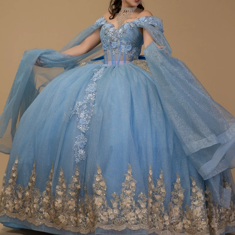 

Sky Blue Shiny Ball Gown Quinceanera Dresses Applique Flower Beading Crystal Bow Tull Corset Off Shoulder Sweet 16 Dress Vestido