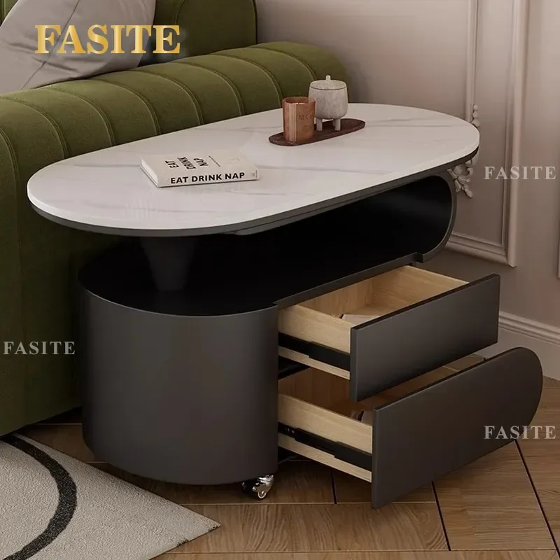 For Italian Modern Movable Sintered Stone Coffee Table Small Apartment Simple Solid Wood with Drawer Storage Living Room
