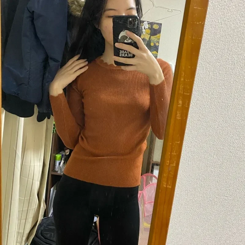 Frauen Mock Neck Rüschen Pullover Langarm Strick boden solide Pullover Frauen lässig Streifen Pullover Herbst Winter 2024