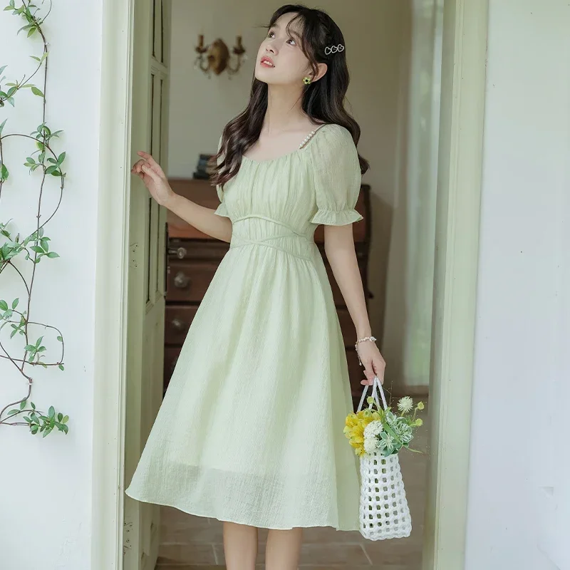 Summer Women Fresh Green Midi Sweet Dress Mori Girl Square Collar Beading Princess Dress Elegant Feminine Korean Chic Dresses