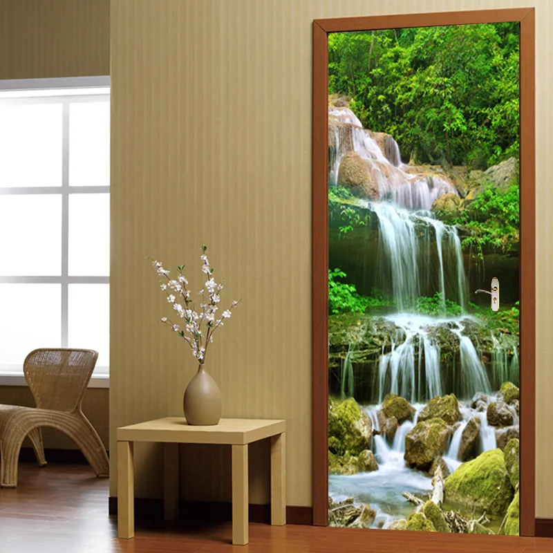 

PVC Self-Adhesive Door Sticker 3D Waterfalls Landscape Wallpaper Living Room Kitchen Waterproof Home Decals 3D Door Wall Sticker