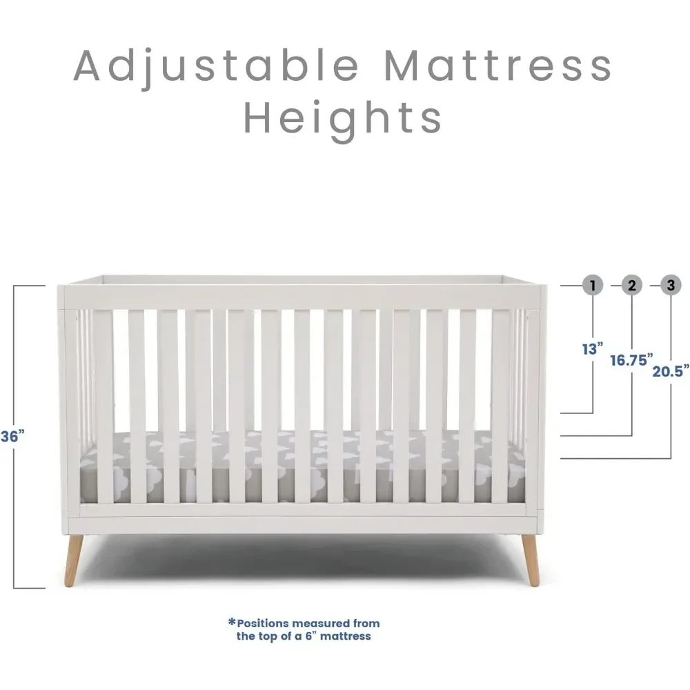 4-in-1 Convertible Baby Crib, Adjustable height mattress support with 3 convenient positions converts to a toddler bed