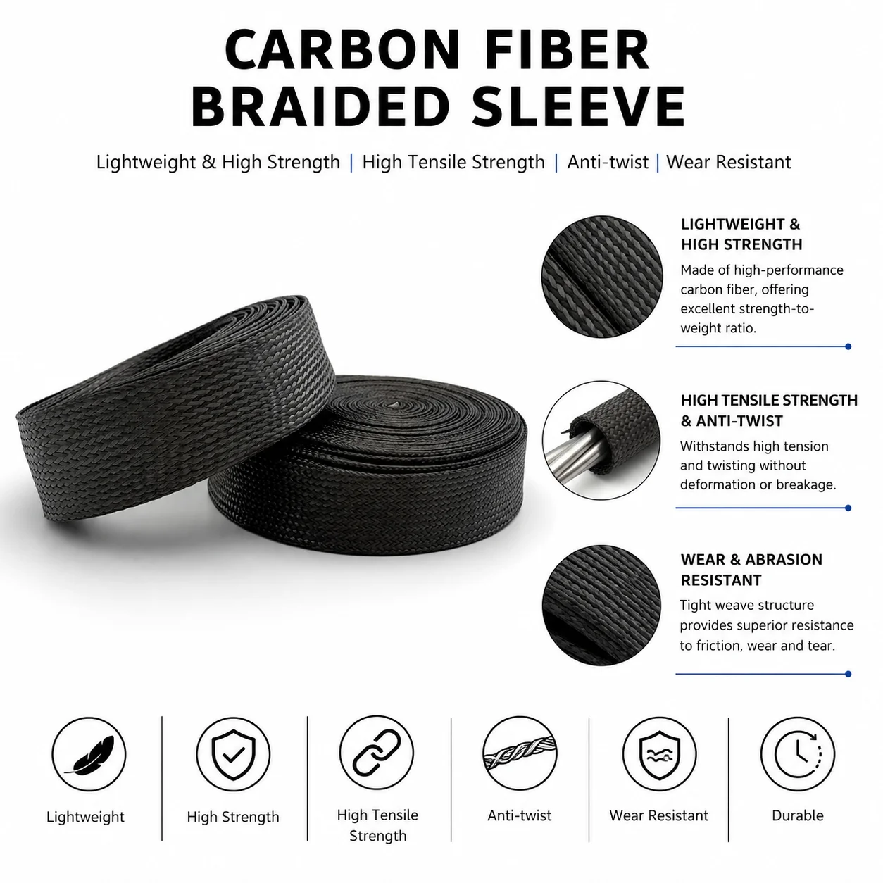 Carbon Fiber Braided Conduit Inner Diameter 4-80mm, Black Conductive Anti-corrosion Cable Conduit, Drone Harness Protection