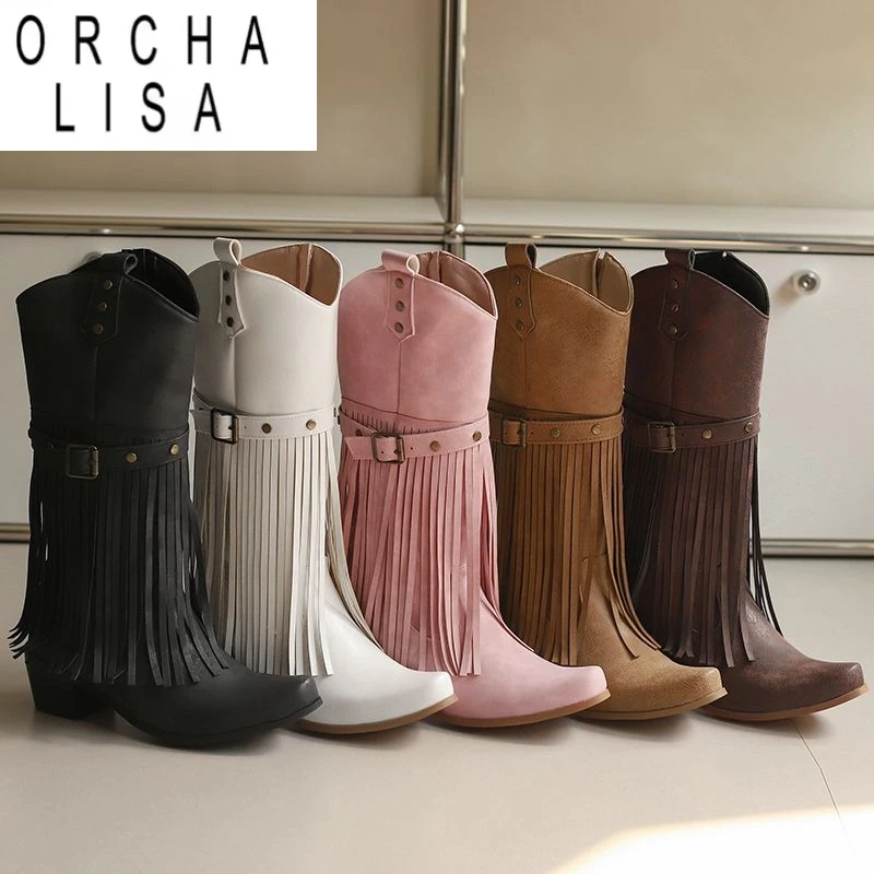 

ORCHA LISA Модные женские ботинки в стиле вестерн с квадратным носком на молнии с бахромой и кисточками на блочном каблуке 5 см, большие размеры 44 45 46 Ботильоны для отдыха