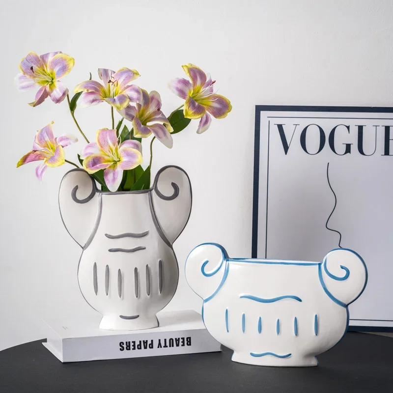 20cm Ceramic Vase Ram Horn Flower Pot Hand Painted Vintage Hydroponic Planter Living Room Desktop Tabletop Home Decor