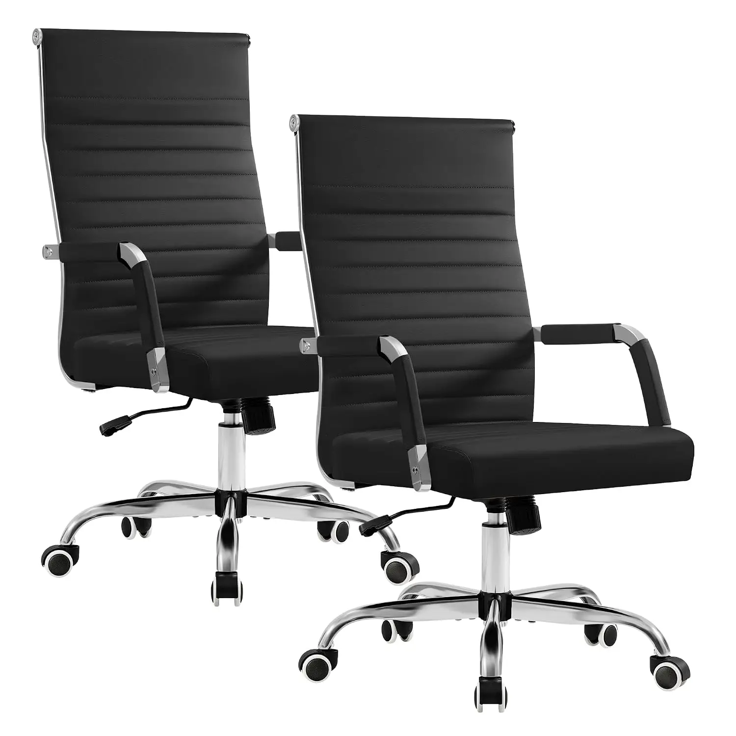Ergonomic Ribbed Mid-Back PU Leather Office Conference Chair Adjustable Swivel with Arms, Black 2pcs, Customized