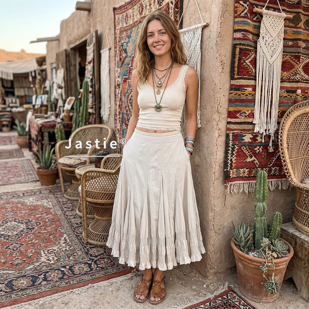 2026 French Vintage Cotton Khaki Midi Skirt Women High Waist Smocked Ruffle Hem A-Line Skirts Boho Beach Jupe Femme Streetwear