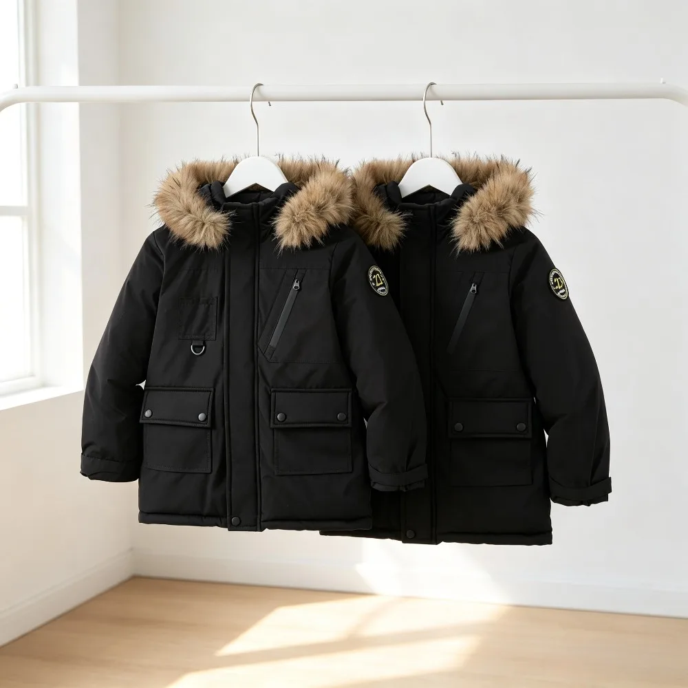 Kids Faux Fur Hooded Parka Coat Windproof Winter Jacket Cargo Pockets and Arm Patch Boys Girls Thick Warm Outerwear for Snow