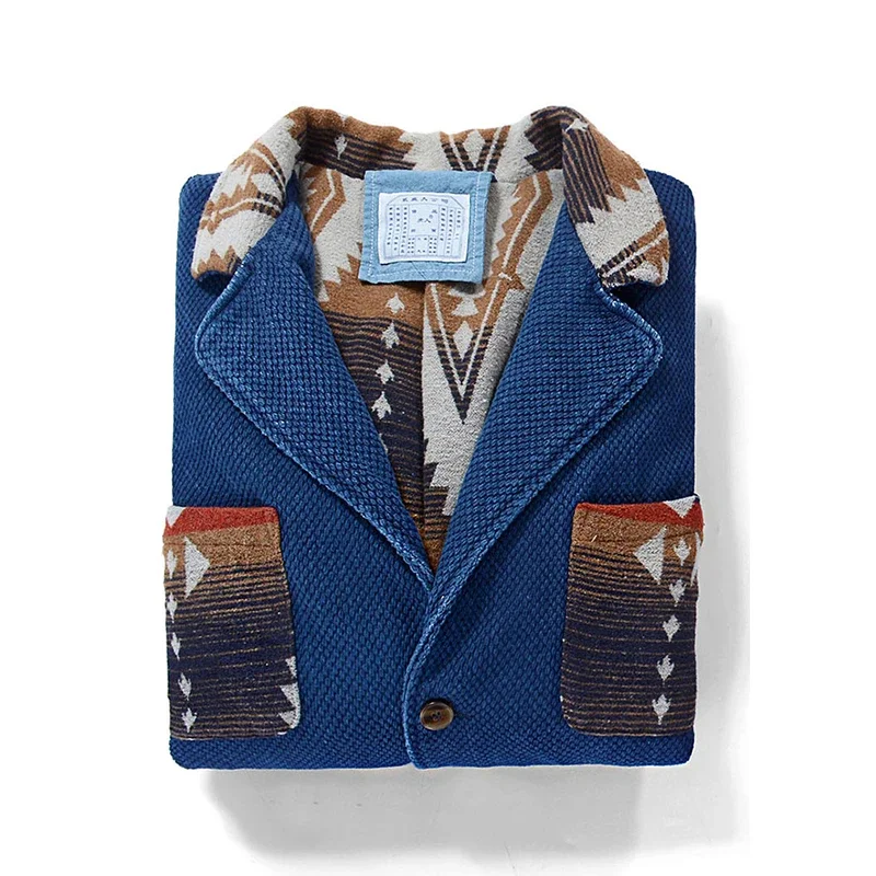 Men's Indigo Multi Pockets Jacket French Retro Blue Dye Lapel Thick Workwear Tooling Cardigan Coat plus Size for Autumn Winter