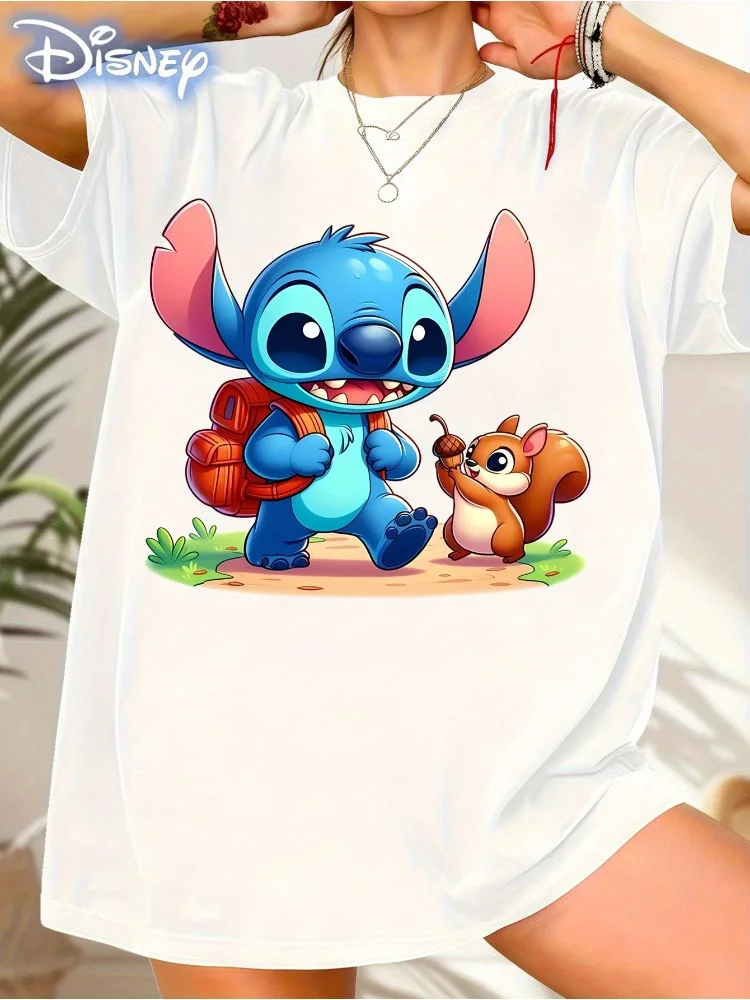 

Disney Stitch Love Print T-Shirt Women's Crew Neck Casual T-Shirt Cotton Top with Character Print Fashion Casual Short Sleeve