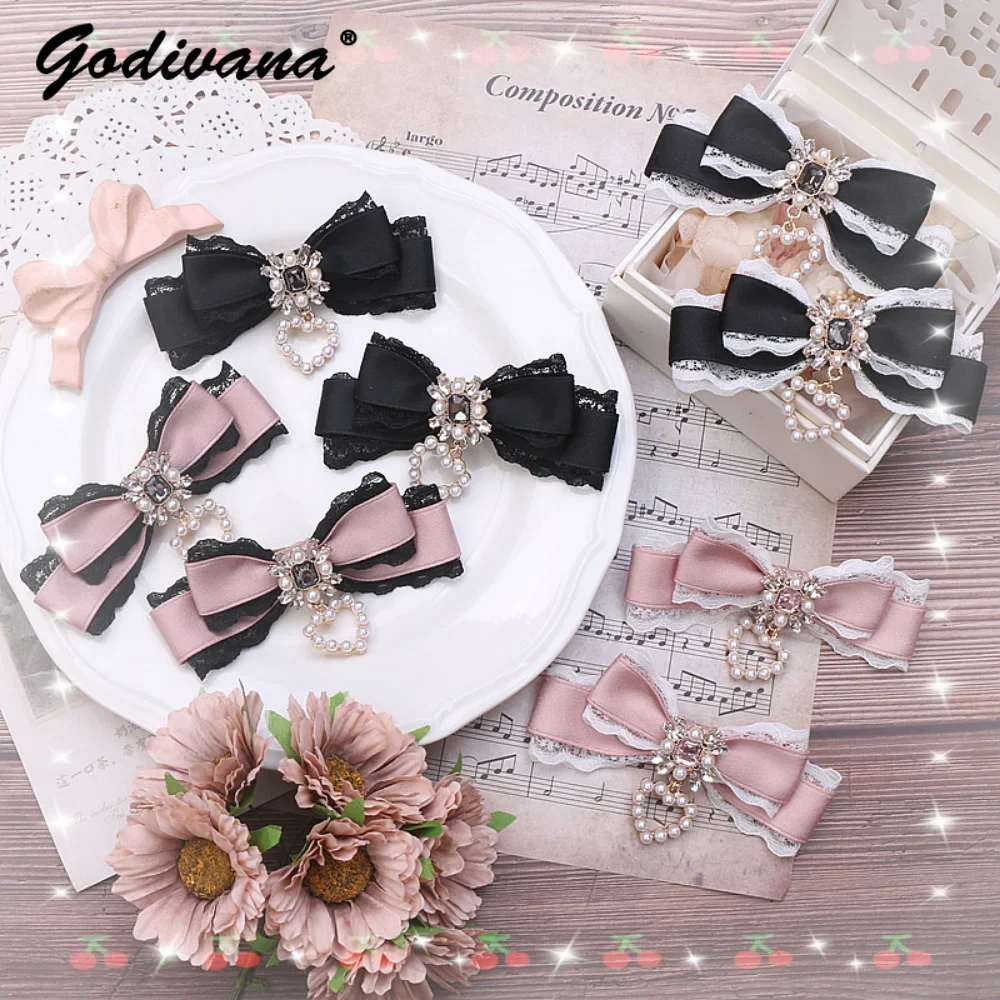 

Handmade Japanese Lolita Bow Hairpin Girls Women's Sweet Side Clip Cute Lace Rhinestone Love Pendant Hairclip Hair Accessories