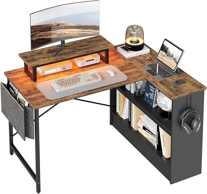 

L Shaped Gaming Desk with LED Lights, 42 Inch Computer Desk with Monitor Stand & Open Storage Cabinet,Writing Study Corner Desk