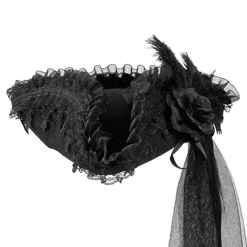 Accessoires de Cosplay de Pirate d'halloween, chapeau de capitaine des caraïbes, chapeau Triangle en maille de dentelle foncée pour fête d'halloween