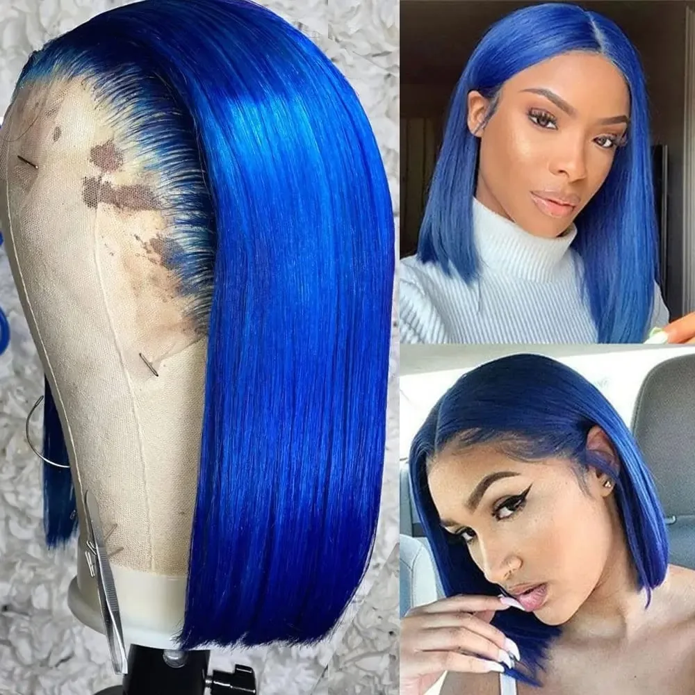 Short Bob Blue Colored 13X4 Lace Part Transparent Lace Peruvian Virgin Hair Wig For Women 100% Human Wig Straight Wig For Women