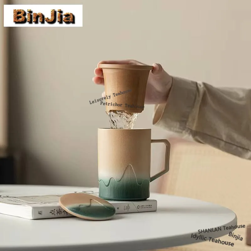 430ml Mountain Sea Ceramic Mug Tea Cup with Lid Tea Infuser Vintage Coffee Cup Japanese Breakfast Cups Handle Personalized Gifts
