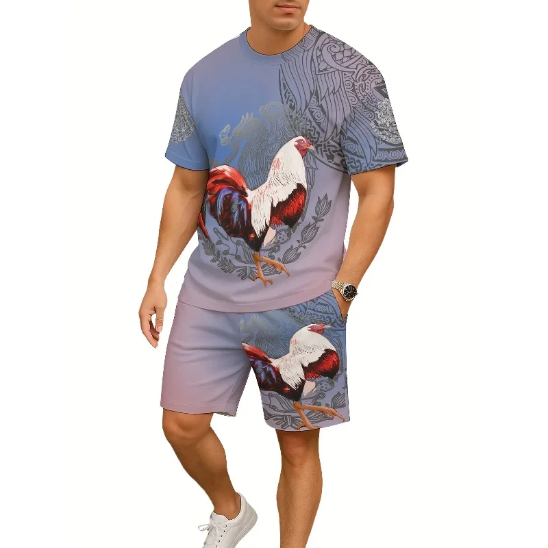 2025 New Summer Round Neck T-shirt Fashion 3D Digital Printed Chicken Pattern Men's Shorts Short Sleeve Set Two Piece Set