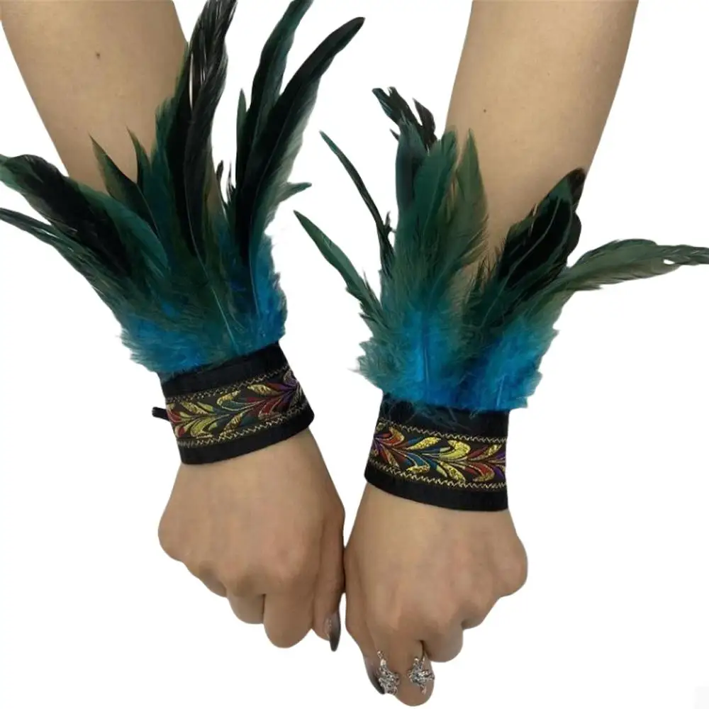 Guantes de plumas de encaje para fiesta, guantes largos góticos para mujer, puños de muñeca, manoplas bordadas, gancho, puños de piel, accesorio para escenario, guantes para dedo