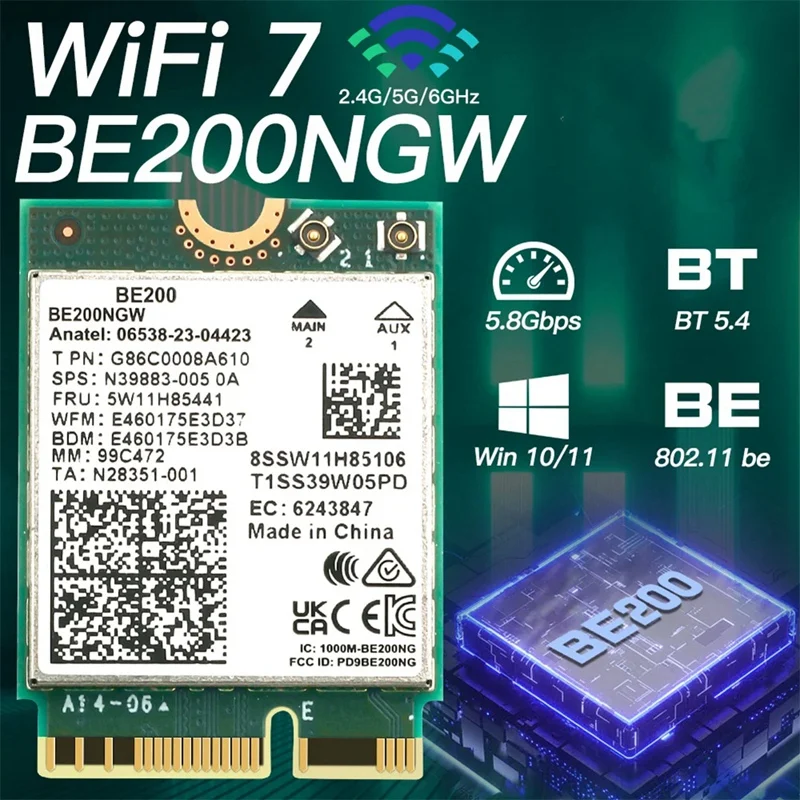 WIFI 7 BE200 BE200NGW WiFi Card+2PC 10DB Antenna BT 5.4 802.11AX Tri-Band M.2 NGFF Wireless Network Adapter for Win10/11-TCES