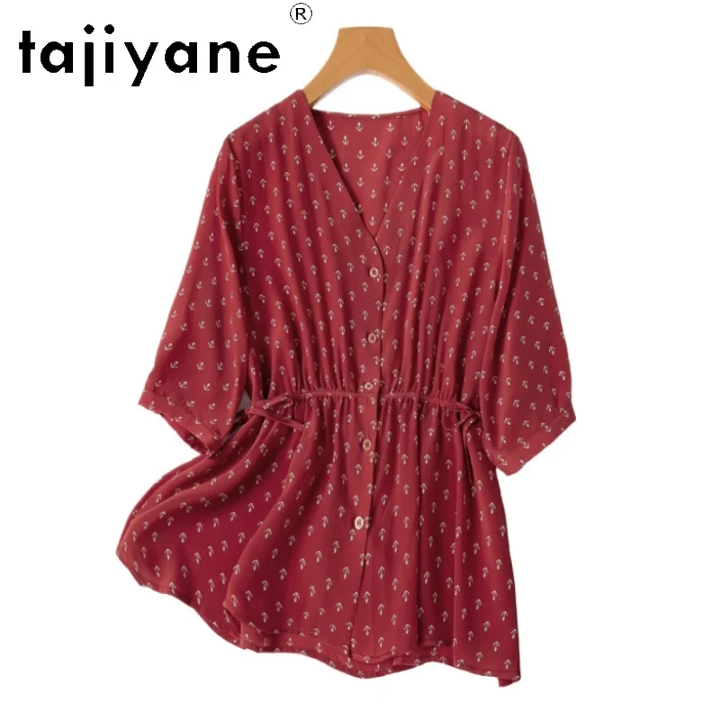 

TAJIYANE 100% Natural Mulberry Silk Blouse Vintage Red Shirt Woman V-neck Half Sleeve Summer Tops 2025 Ladies Clothes Блузка