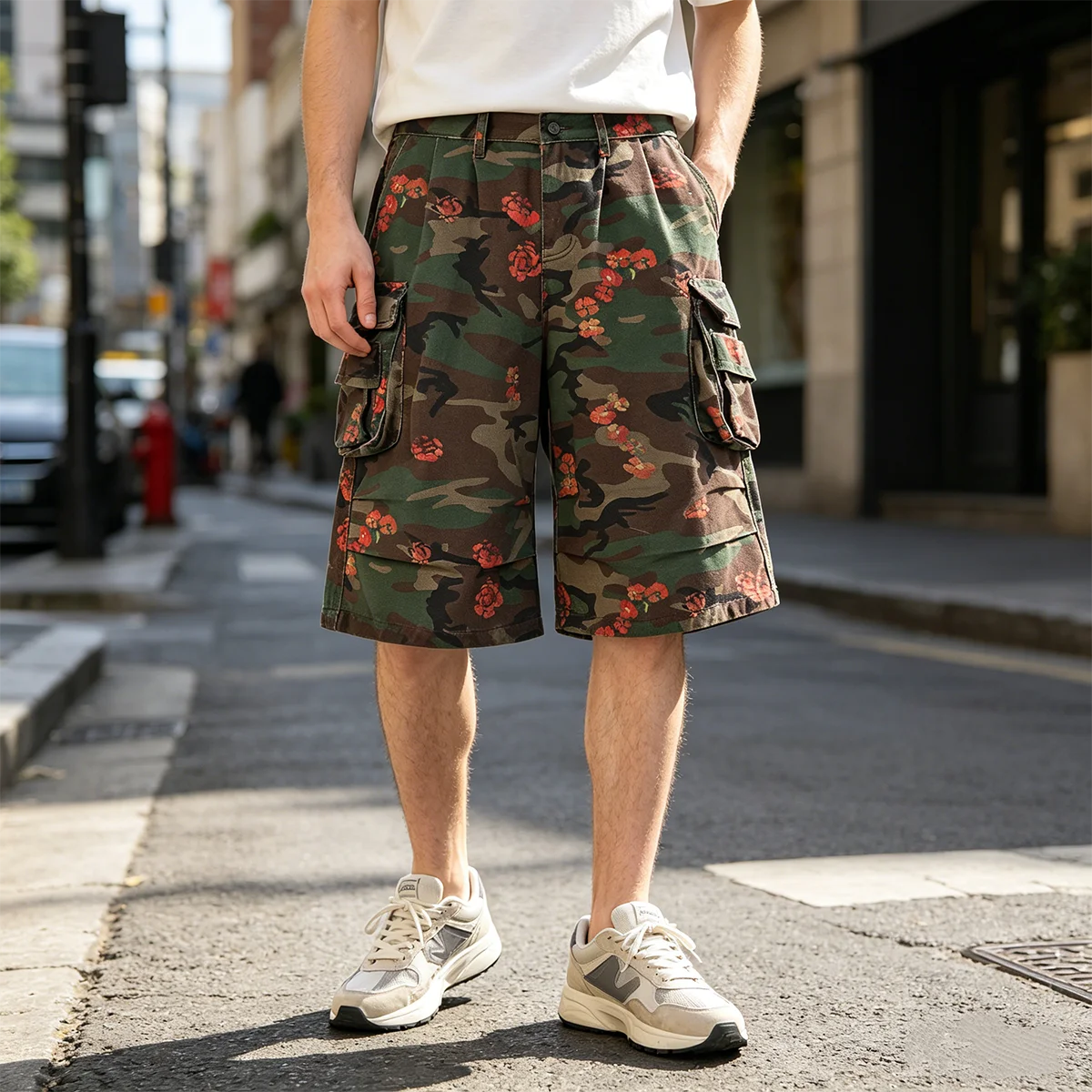 

Men's Camo Floral Cargo Shorts Multi Pocket Baggy Casual Camouflage Shorts Fashion Streetwear Wide Leg Knee Length Pants