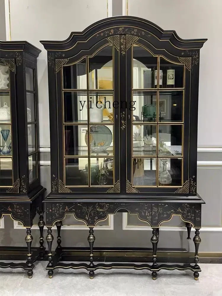 v1 American New Classical Solid Wood Storage Glass Display Cabinet European Retro Pastoral Style Storage