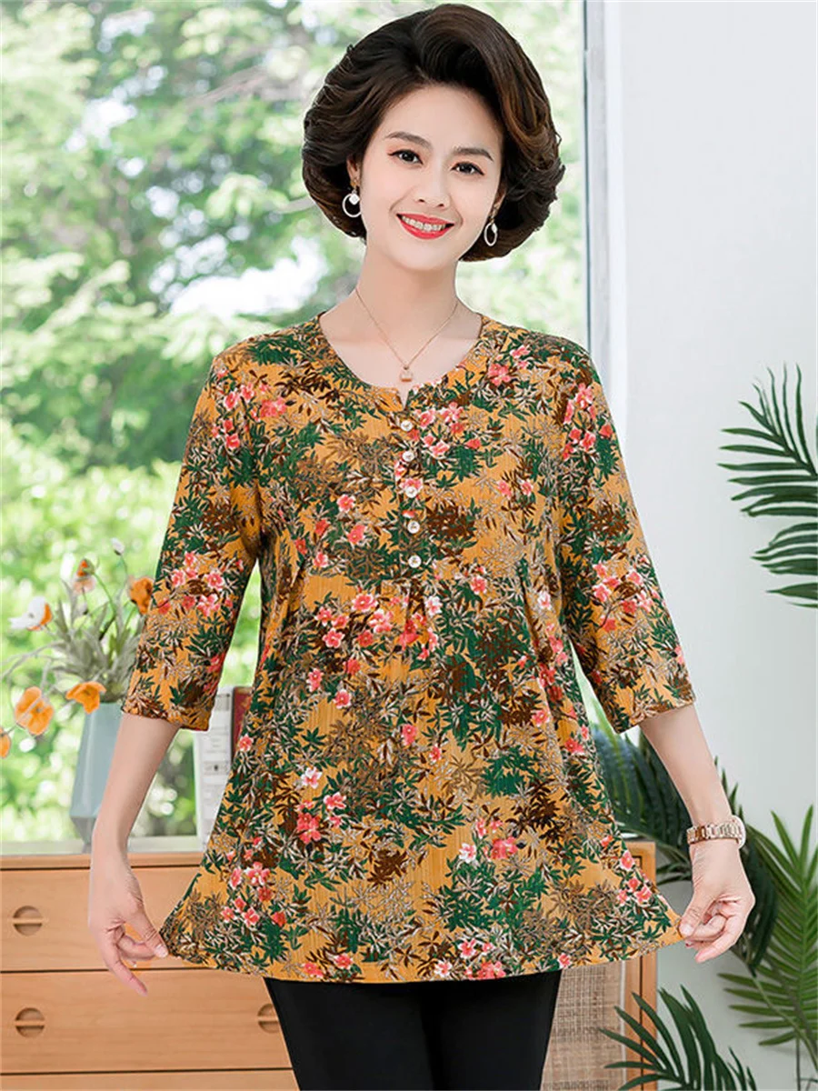 5XL Women Spring Summer Blouses Shirts Lady Fashion Casual Half Sleeve O-Neck Collar Flower Printing Blusas Tops G2145