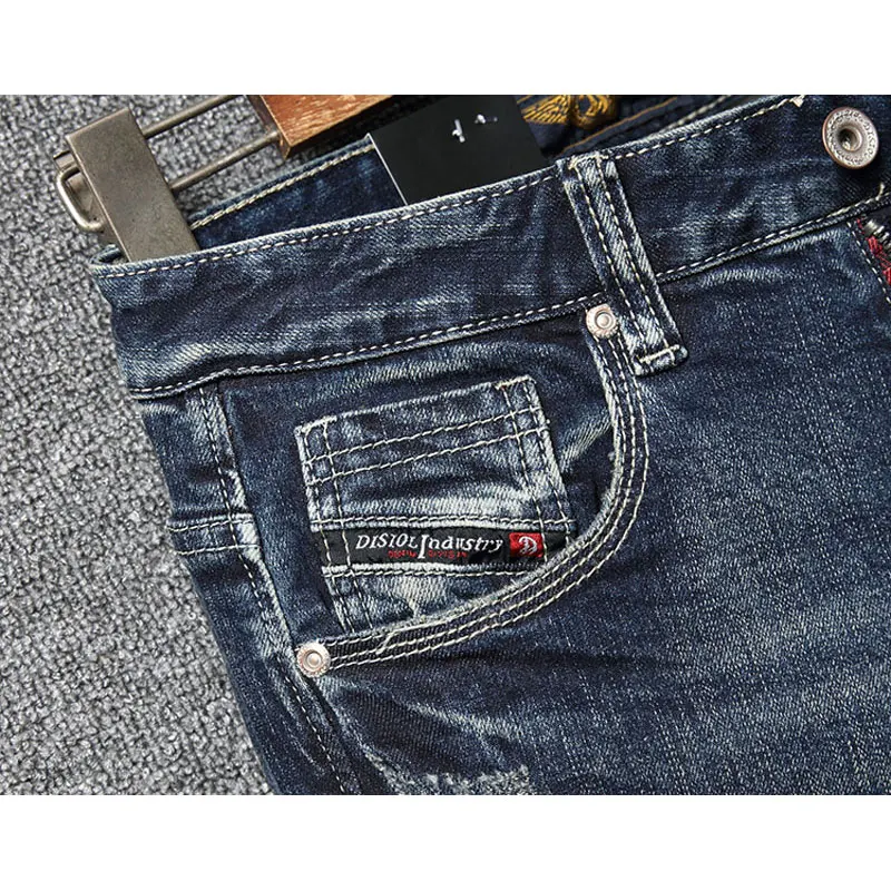 Street Fashion Men Jeans Retro Washed Blue Stretch Slim Ripped Jeans Men Classical Trousers Vintage Designer Denim Pants Hombre